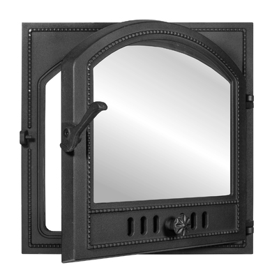 Ofentür K 505, 491×491 mm, Gusseisen, Hitzebeständigkeit 700–950℃, Drehöffnung